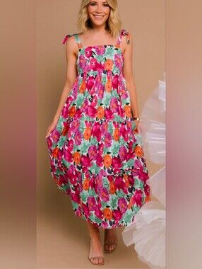 Baltic Born Pink and Orange Floral Tiered Midi Dress